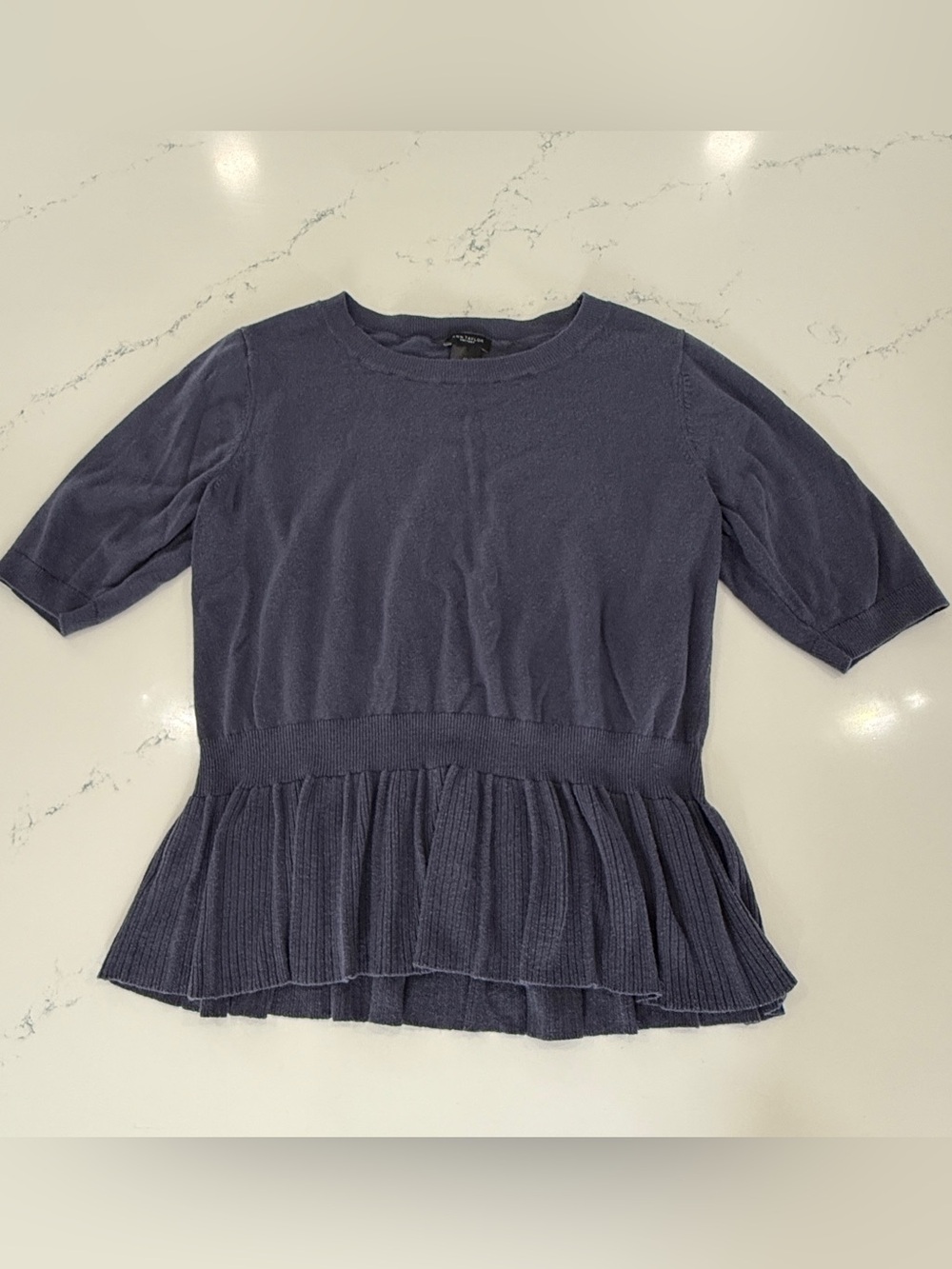 Ann Taylor Navy Pleated Peplum Short-Sleeve Top